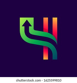 Number four logo with arrow inside. Vector bright colours typeface for delivery labels, business headlines, finance posters, sport cards etc.