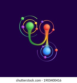 Logo número cuatro con órbitas de átomos. Icono vector vívido perfecto para usar en cualquier etiqueta científica, afiches tecnológicos, identidad astronómica, etc.