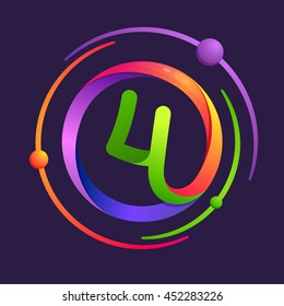 Number four logo with atoms orbits. Bright color vector design for your science, biology, physics, chemistry company. 