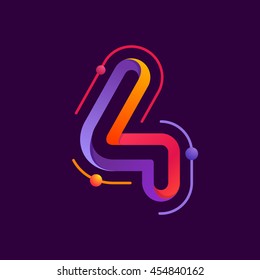 Number four logo with atoms orbits. Bright color vector design for science, biology, physics, chemistry company. 