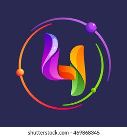 Number four logo with atoms orbits. Bright color vector design for your science, biology, physics, chemistry company. 