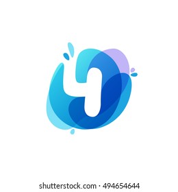 Number four logo at blue water splash background. 4 icon. Vector ecology elements for posters, t-shirts, ecology presentation or card.