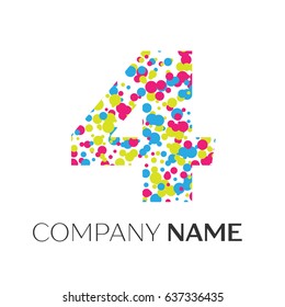 Number four logo with blue, yellow, red particles and bubbles dots on white background. Vector template for your design