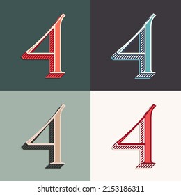 Number four logo in classic three-dimensional sport style. Perfect for creating classical college or sports printing, retro design, clothing embroidery, packaging, vintage header, luxury identity