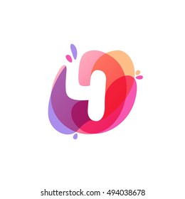 Number four logo at colorful watercolor splash background. 4 icon. Vector elements for posters, t-shirts and cards.