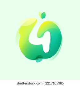 Number four logo in eco gradient splash blot with green leaf. Negative space environment friendly icon. Illusion effect emblem for agriculture art, waste recycling design, healthy food packaging.