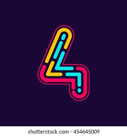 Number four logo formed by neon line or fingerprint. Vector design for banner, presentation, web page, card, labels or posters.