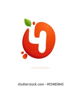 Number four logo in fresh juice splash with green leaves. Vector elements for natural application, ecology presentation, business card or cafe posters.