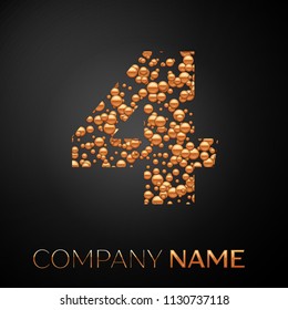 Number Four logo gold dots. Alphabet logotype with abstract golden bubbles shape on black background. Vector template for your design