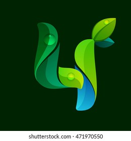 Number four logo with green leaves and water waves. Vector elements for ecology banner, presentation, web page, card, labels or posters.