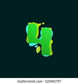 Number four logo with green watercolor splashes. Color overlay style. Vector ecology typeface for labels, headlines, posters, cards etc.