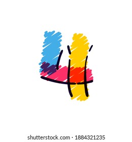 Number four logo hand drawn with a colored pencils. Perfect vector childish font for a school style cartoon, cute comic print, kindergarten posters, etc.