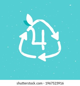 Number four logo inside reuse sign in grunge linear style. Flat design of recycling symbol and leaves for your upcoming eco-friendly and zero waste projects. 