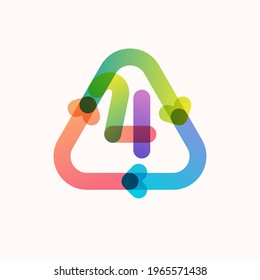 Number four logo inside triangular shaped recycling symbol with arrows. Colorful gradient overlay emblem for your eco-friendly Illustrations, and plastic free living and zero waste projects. 