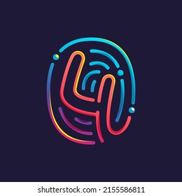 Number four logo made of fingerprint. Multicolor line icon with vivid gradients and shine. Perfect for online payment art, biometric design, nightlife advertising, digital packaging, modern identity