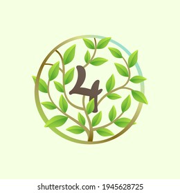 Nummer vier Logo aus verdrehten Baumzweigen und grünen Blättern im Kreis. Ökologische Vektorschrift für veganisches Emblem, botanische Identität, kreative Frühling-T-Shirts, organische Ware.