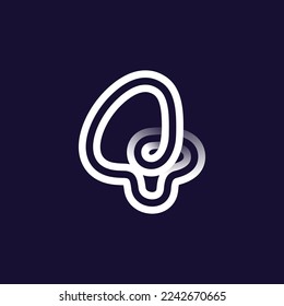 Number four logo made of two white parallel lines on black background. Infinite loop icon. Overlapping elegant emblem. Ideal for dynamic app, minimalism design, sports identity, technology adv.