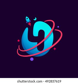 Number four logo with planet, rocket and orbits lines. 4 icon. Bright vector design for science, biology, physics, chemistry company.