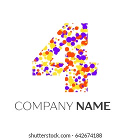 Number four logo with purple, yellow, red particles and bubbles dots on white background. Vector template for your design