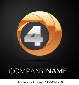 Number Four logo symbol in the golden-silver colorful circle on black background. Vector template for your design