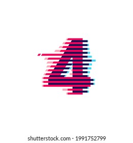 Number four logo with vibrant line glitch effect. Vector font perfect to use in your nightlife labels, expressive game screen, electronic identity.