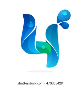 Number four logo with water waves and drops. Vector elements for ecology banner, presentation, web page, card, labels or posters.