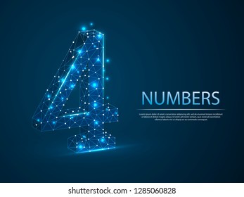 number four low poly abstract illustration consisting of points, lines, and shapes in the form of planets, stars and the universe. Vector digit 4 wireframe concept.