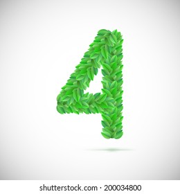 Number four, made up of green leaves, vector illustration