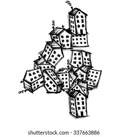 Number four made from houses, vector alphabet for your design