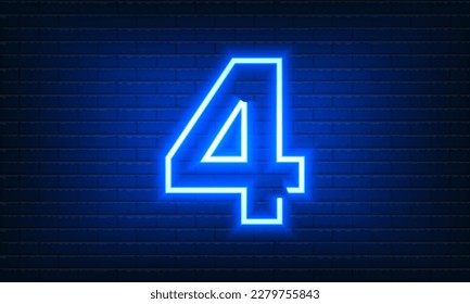 Number Four neon sign on brick wall background. Vintage blue electric signboard with bright neon light inscription. Fourth, Number 4 template icon, neon banner, nightly advertising.Vector illustration
