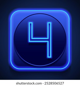 Number four, numeral simple icon vector. Flat design. Blue neon style on button. With shadow.ai