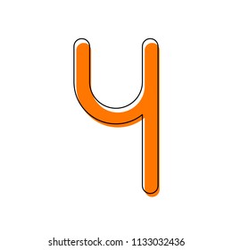Number four, numeral, simple letter. Isolated icon consisting of black thin contour and orange moved filling on different layers. White background