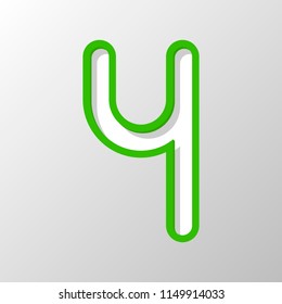 Number four, numeral, simple letter. Paper style. Cut symbol with green bold contour on shape and simple shadow