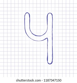 Number four, numeral, simple letter. Hand drawn picture on paper sheet. Blue ink, outline sketch style. Doodle on checkered background