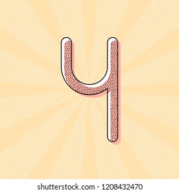 Number four, numeral, simple letter. Vintage retro typography with offset printing effect. Dots poster with comics pop art background