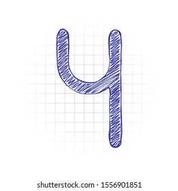Number four, numeral, simple letter. Hand drawn sketched picture with scribble fill. Blue ink. Doodle on white background