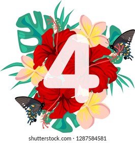 number four on the background of flowers and butterflies. flower composition