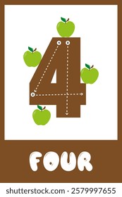 Number four outlined with apples in a children’s educational design for learning numbers and counting