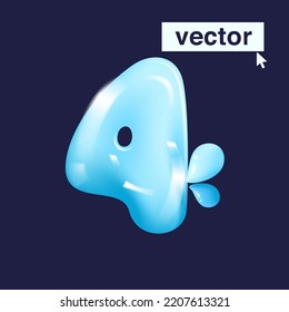 Number four pure water logo in realistic 3D and cartoon balloon style. Glossy eco blue vector illustration. Perfect for watercolor splash banners, organic emblems, healthy food packaging design.