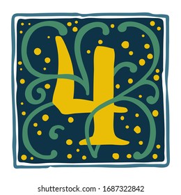 Number four renaissance logo with gold dots and green leaves pattern. Classic vector typeface perfect for luxury labels, ornament print, history posters, etc.