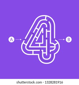 Number four shape Maze Labyrinth, maze with one way to entrance and one way to exit. Flat design, vector illustration.