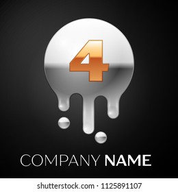 Number Four splash logo. Golden dots and silver bubbles letter design on black background. Vector Illustration