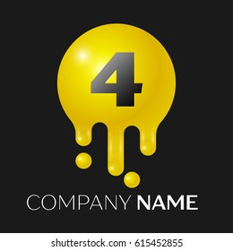 Number four splash logo. Yellow dots and bubbles number design on grey background. Vector Illustration