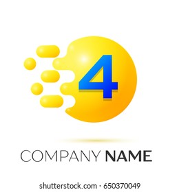 Number four splash logo. Yellow dots and bubbles number design on grey background. Vector Illustration