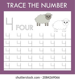Number  four stroke worksheet with sheeps for fine motor skills kids. Educational game for preschoolers.