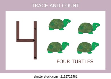 Number four stroke worksheet with turtles  for fine motor skills kids. Educational game for preschoolers.