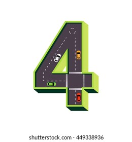 The number four in theme green road with four car are driving.