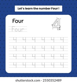 number four tracing letter for preschool kids activity worksheets with exercises vector download