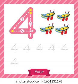 Number four tracing practice worksheet with 4 rafts for kids learning to count and to write. Vector Illustration.