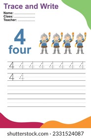 Número cuatro de la hoja de cálculo de la práctica de rastreo con cuatro guardias de reino para niños que aprenden a contar y a escribir. Ilustración vectorial. Ejercicio para que los niños reconozcan el número.